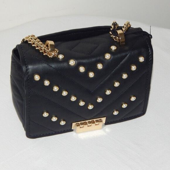 ZAC POSEN SOFT EARTHETTE Pearl Lady Chevron Quilted Chain Shoulder Bag Black NWT - Picture 6 of 14